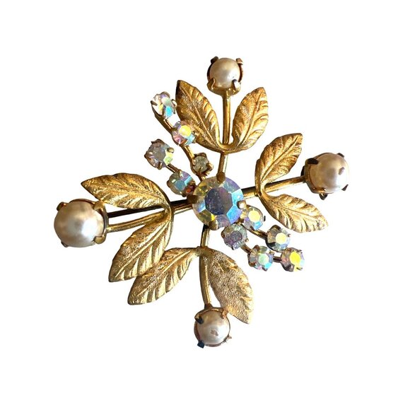 Vintage Made in Austria Gold Tone Aurora Borealis AB Crystals Etched Leaves - Picture 2 of 11